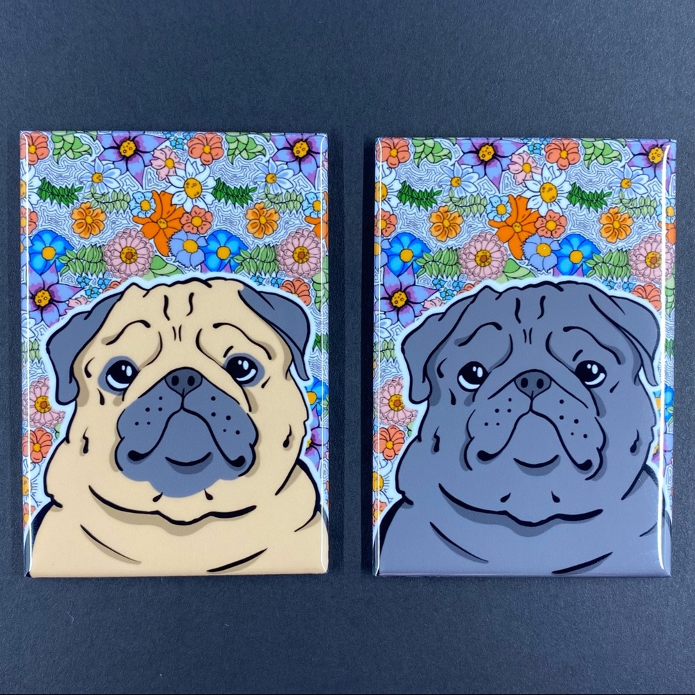 Pug Dog Retro Flower Magnet Handmade Kitchen and Office Decor 2 Colors Available